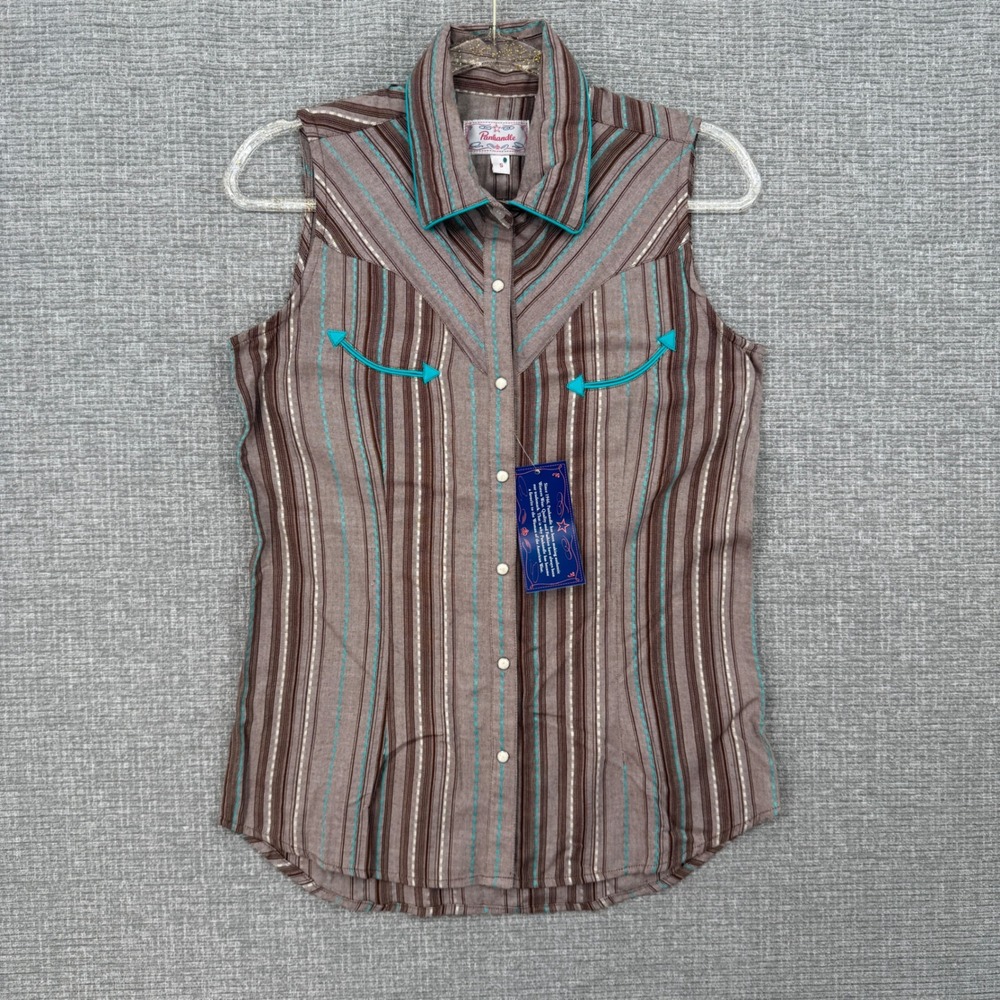 Panhandle Sleeveless Western Snap Blouse Women S Brown Striped Retro